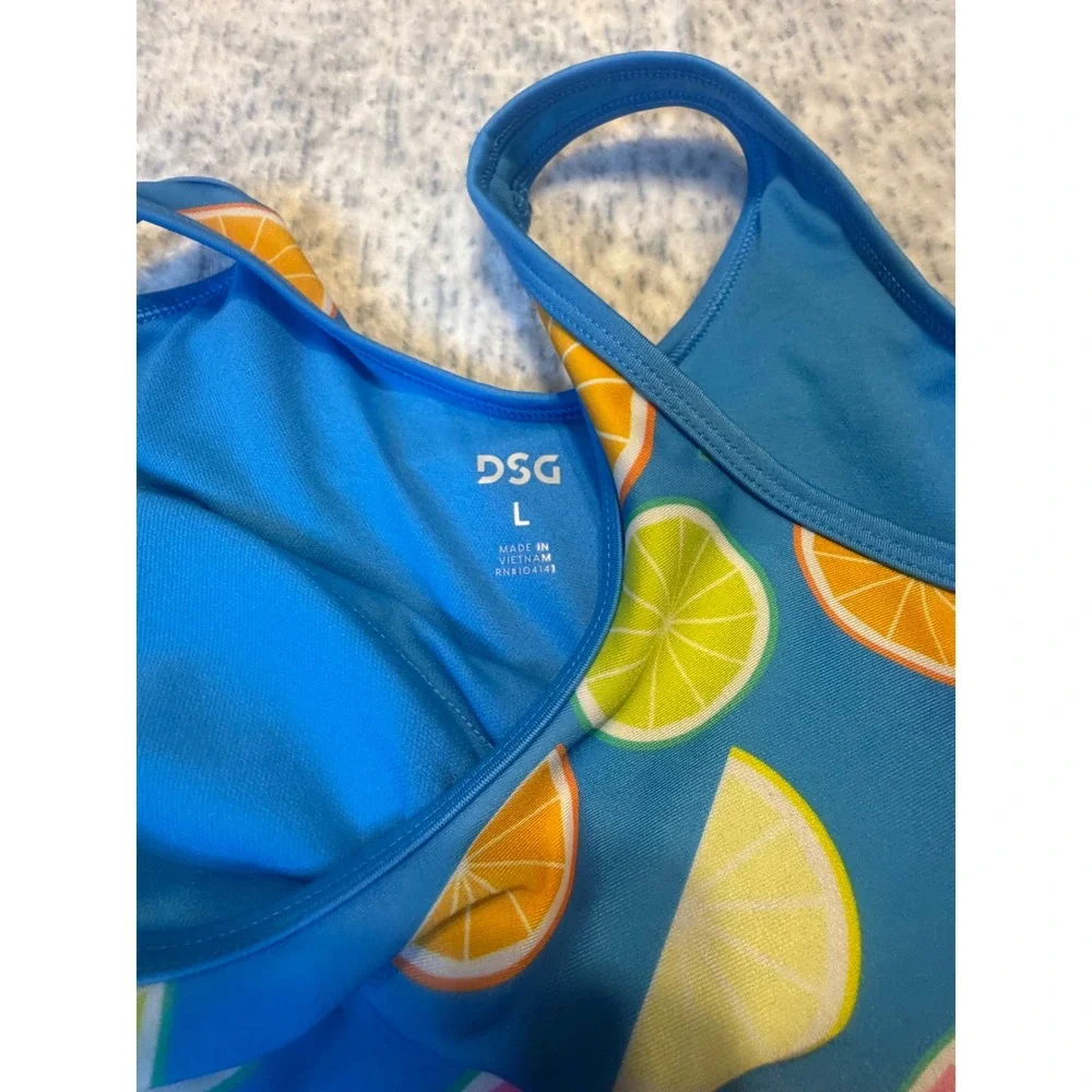 DSG Girls One Piece‎ Swimsuit Cut Outs Citrus Blue Size L Main squeeze nwt